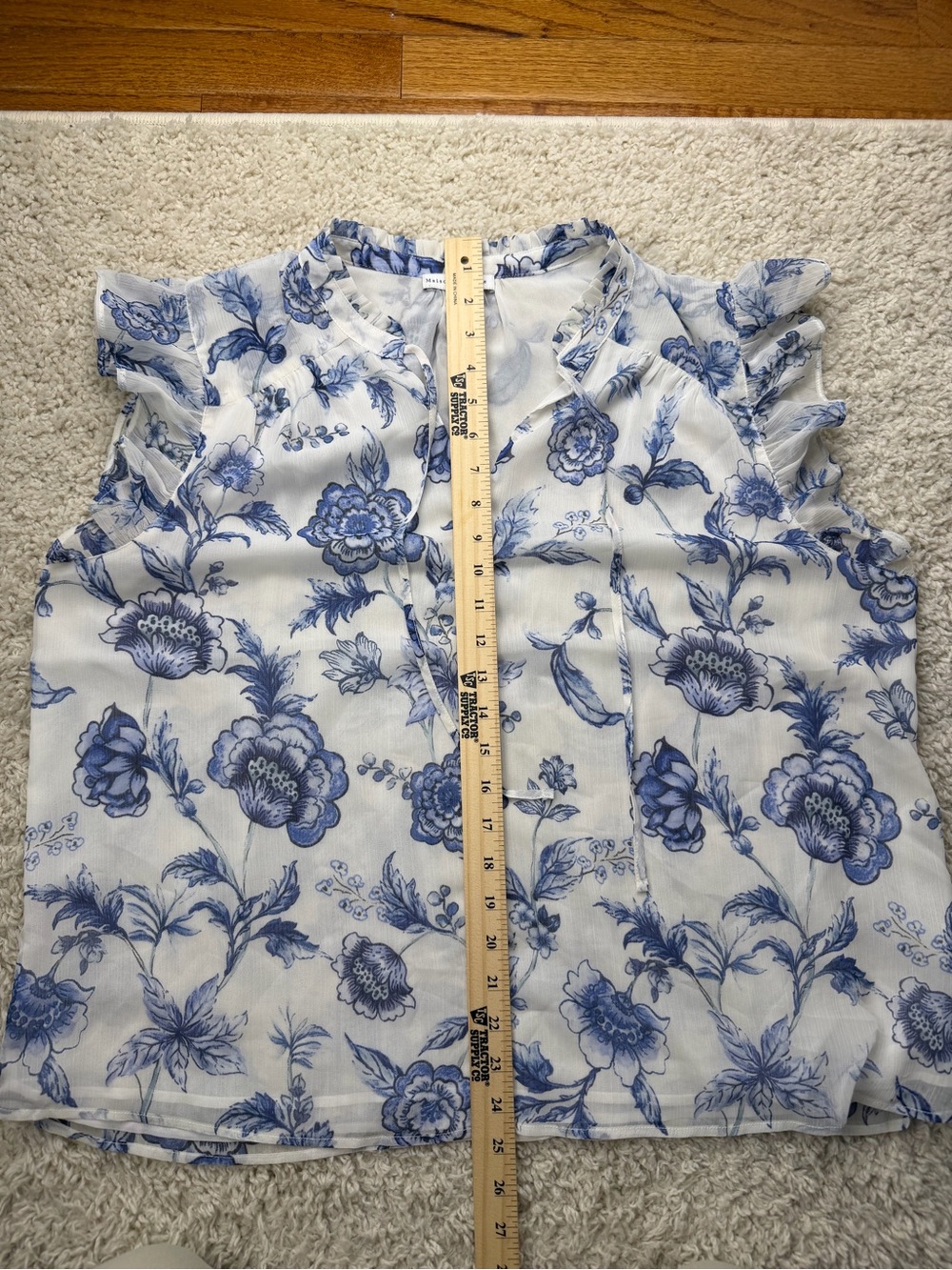 Blue Floral Ruffle Sleeve Womens Top - White & Blue XL - Picture 6 of 6